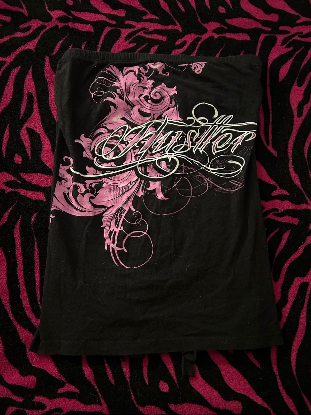 Y2K Vintage Rare Hustler Hollywood Black Tube Top with Pink and White Graphic